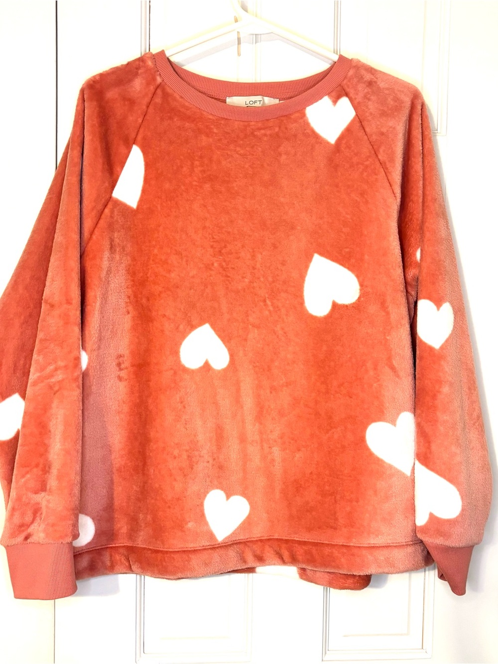 LOFT Coral Heart Plush Crewneck Sweatshirt L
